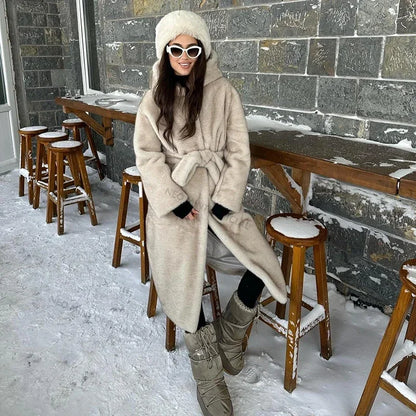 Belted Faux Mink Fur Coat Winter Beige Gradient Furry Fur Jacket Brand Hooded Warm Outerwear Overcoat