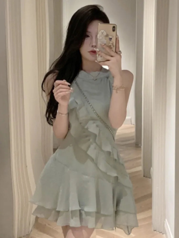 French Mini Dress Ruffles Slim Waist One Piece Clothes Chiffon Summer Outfits New Female Vestidos