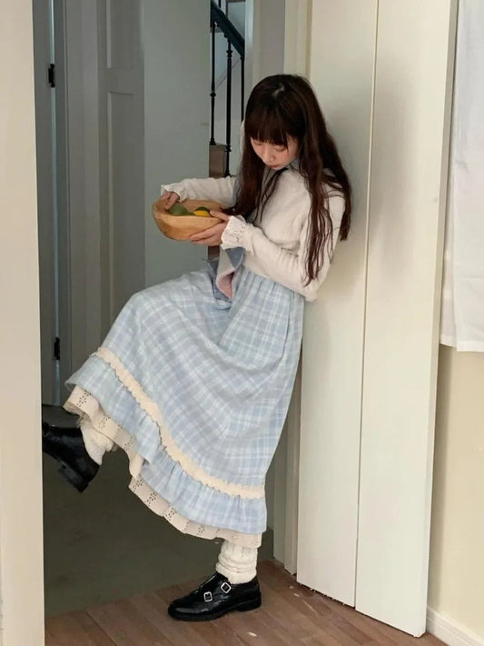 Autumn Winter Y2k Skirts Blue Plaid Woolen Plaid Lace Splicing Skirt High Waist Slimming a Word Long Skirt