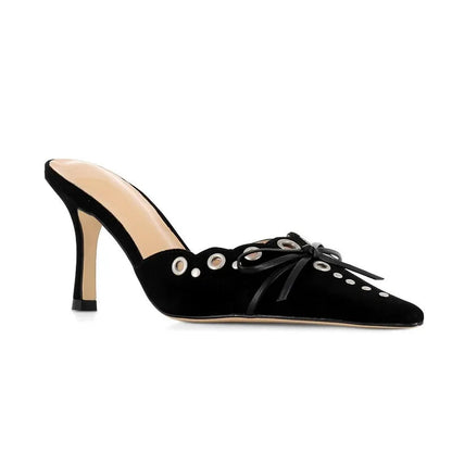 Suede Bow Cutout Pointed Toe Slippers Stiletto High Heels Metal Decorative Sandals Shallow Mules Shoes