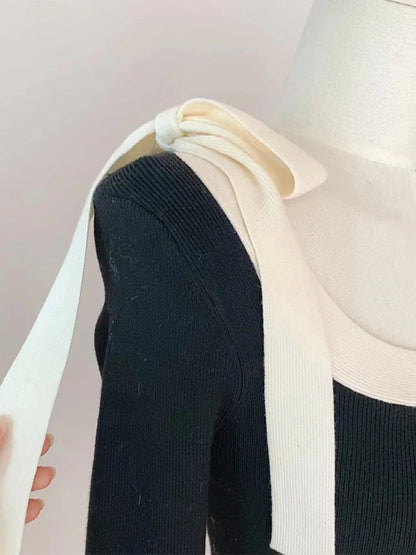 Tie Up Bow Decoration Slim Knitwear Autumn Winter Contrast Color Design Knitwear Female Uneck Sweater Style