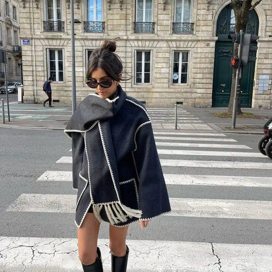 Loose Coat With Scarf Long Sleeve Pocket Single Breasted Female Coats Autumn Winter Lady Jacket