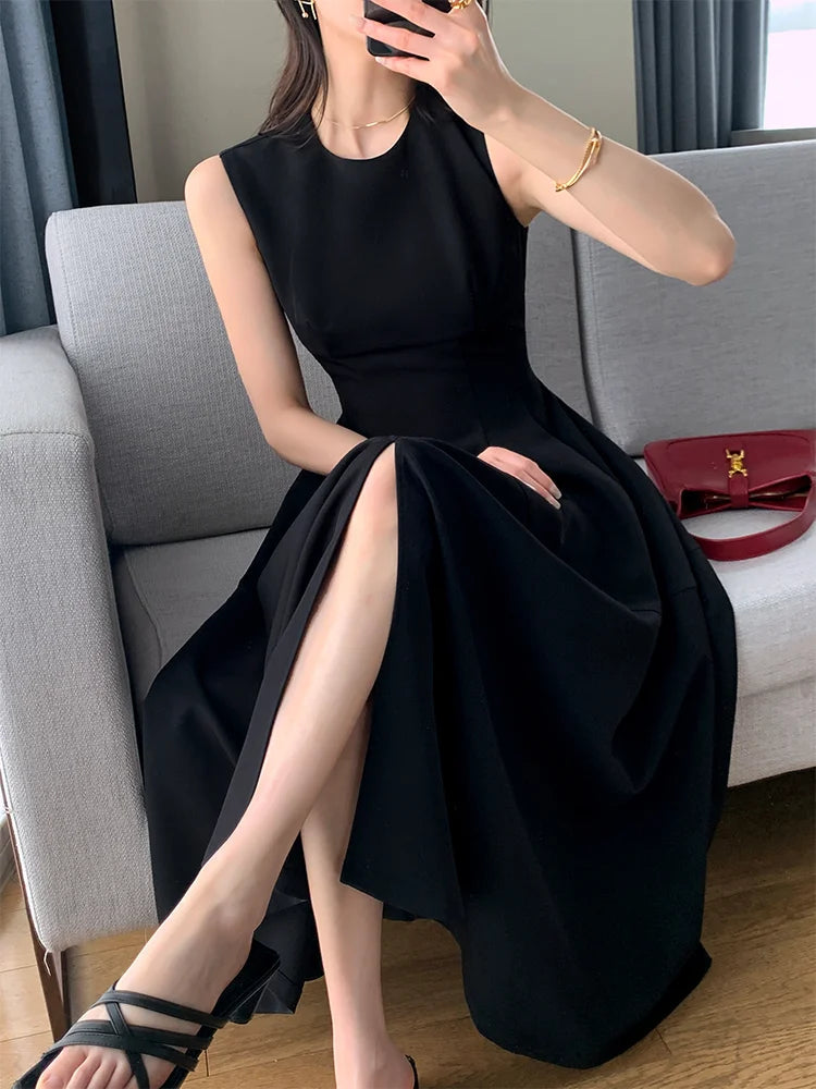 Summer New Black Sleeveless Aline Vest Dress Sweet Long Dresses Woman Party Club Dress Vestido