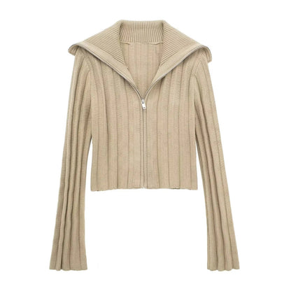 Spring Zip Up Cropped Cardigan Rib Sailor Collar Long Sleeve Slim Sweaters Female Knitted Tops