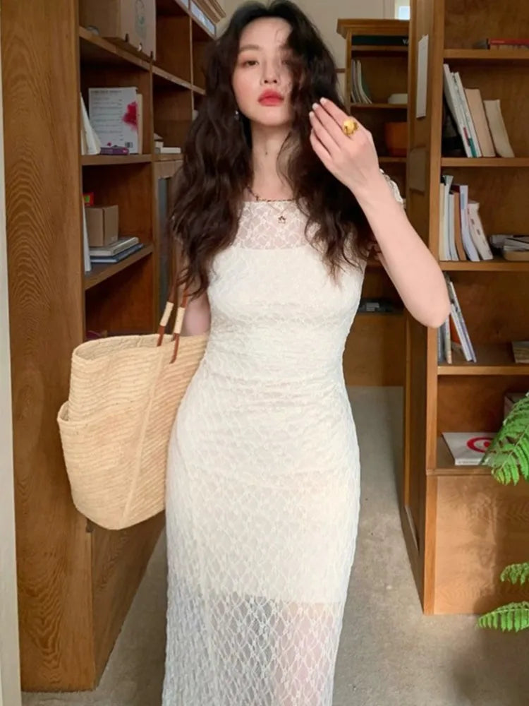Mesh Two Piece Dress Set Slim Midi Dresses for Frence Retro Lace Y2k Bodycon Birthday Party Dress Prom Vestidos