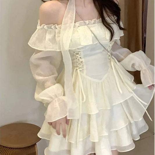 Mini Dresses Woman Off Shoulder Ruffles Aline Long Sleeve Laceup Short Party Dress Korean One Piece New