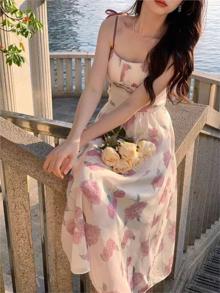Spaghetti Strap Midi Dress Summer Slash Neck Sleeveless Slim Waist Vestidos Evening Party Robe