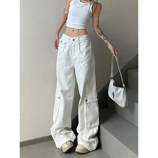 Baggy Cargo Jeans Woman Korean Harajuku Wide Leg Denim Pants Basic White Trousers