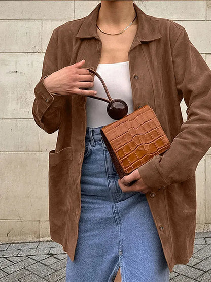 Suede Long Sleeve Jackets Autumn Loose Brown Lapel Coat Top With Pockets Female Street New in Outwear