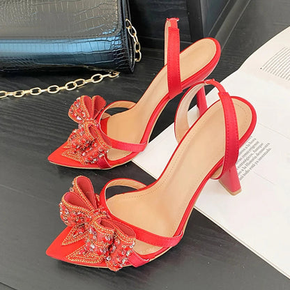 Crystal Rhinestone Bowknot Pointed Open Toe Back Strap Sandals Pink High Heels Wedding Prom Shoes Size 3541