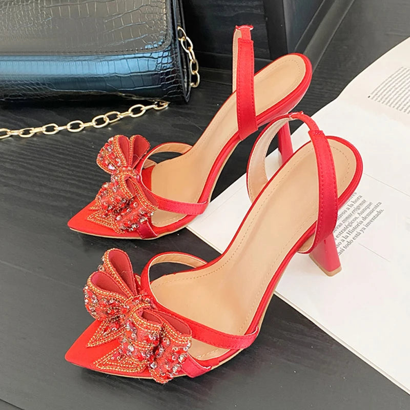 Crystal Rhinestone Bowknot Pointed Open Toe Back Strap Sandals Pink High Heels Wedding Prom Shoes Size 3541