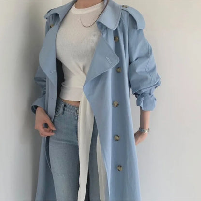 Long Trench Coat New Spring Autumn Lapel Double Breasted With Belt Loose Coat Office Lady Korean Outerwear