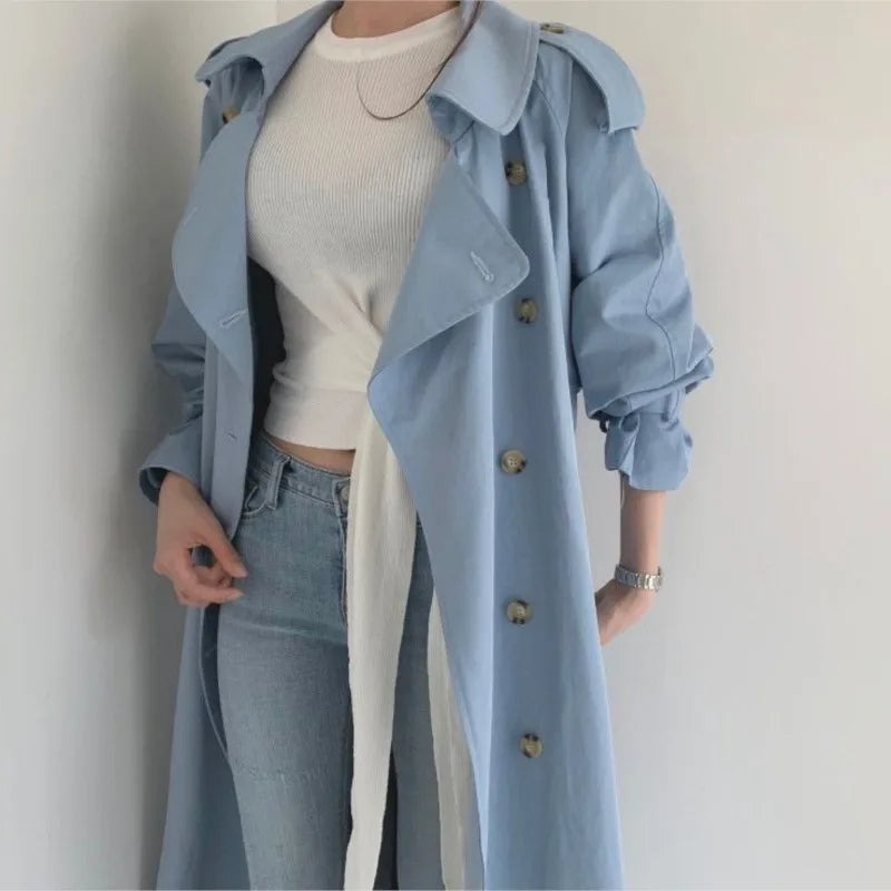 Long Trench Coat New Spring Autumn Lapel Double Breasted With Belt Loose Coat Office Lady Korean Outerwear