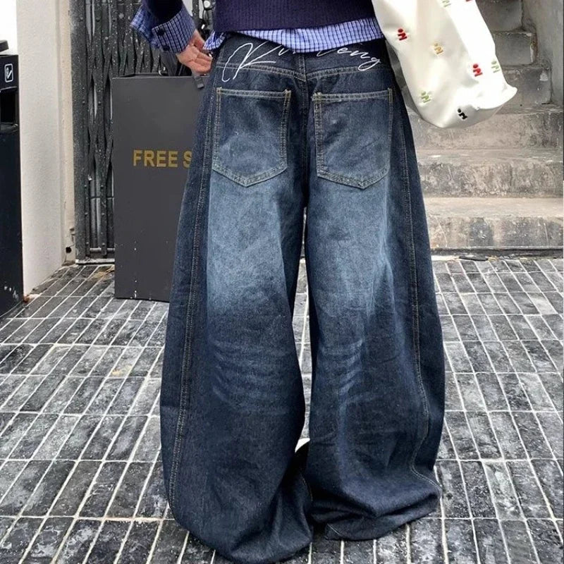 Y2k Letter Embroidery Washed Jeans Harajuku Wide Leg Denim Pants Baggy Gyaru Scimitar Trousers
