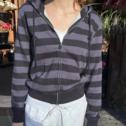 American High Street Striped Hoodie Jackets Spring Autum New Cardigan Coat Y2k Long Sleeve Zipper Tops Mujer
