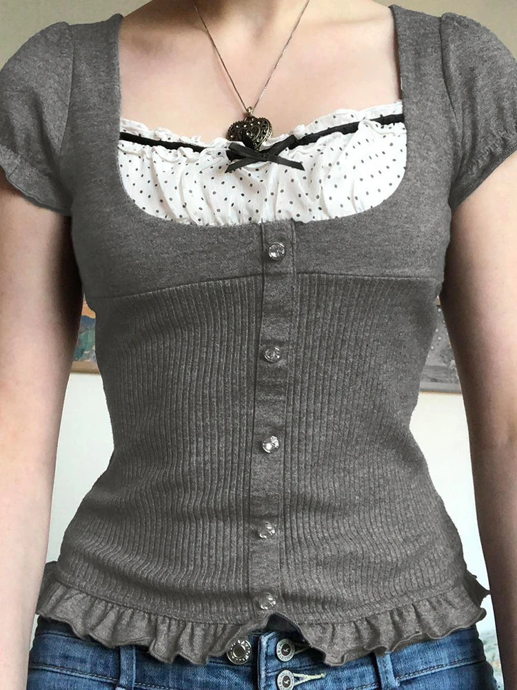 T-shirt Patchwork Lace Sweet Square Collar Knitted Tops Ruffles Hem Y2k Gray Tee Shirt Clothes