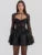 Black Lace Puffball Mini Dress for Lace-up Sheer Long Flare Sleeve High Waist Club Party Dress