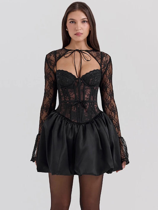 Black Lace Puffball Mini Dress for Lace-up Sheer Long Flare Sleeve High Waist Club Party Dress