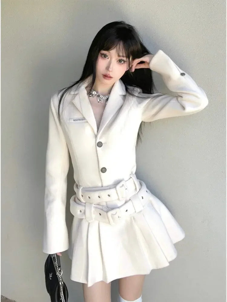 French Highend White Suit Dress Clothing Autumn New Long Sleeve Waist Belted Slimming Aline Pleated Mini Dress