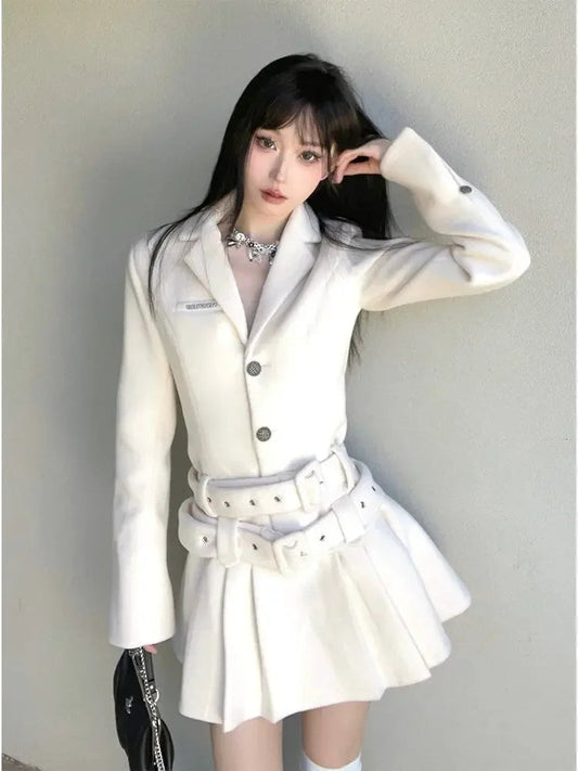 French Highend White Suit Dress Clothing Autumn New Long Sleeve Waist Belted Slimming Aline Pleated Mini Dress