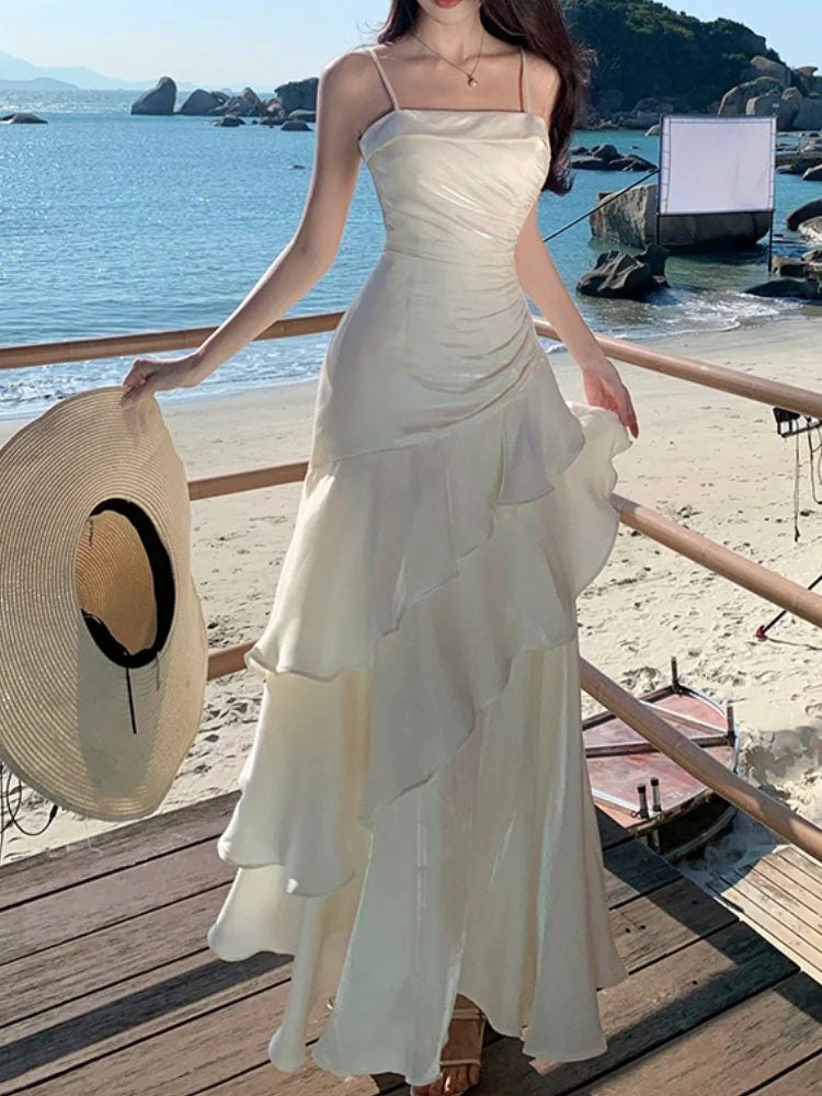 Ruffles Birthday Party Dresses Summer Irregular Spaghetti Strap Sleeveless Long Dress Slim Holiday Beach Vestidos