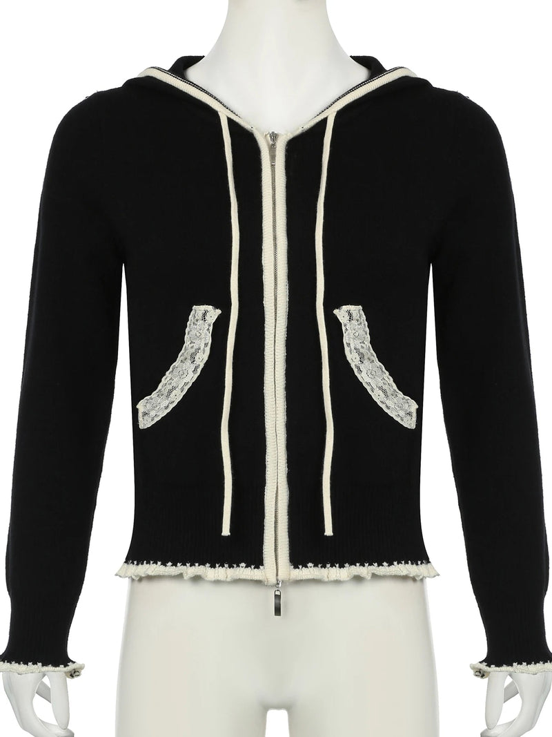 Lace Trim Pocket Patchwork Drawstring Hooded Slightly Thick Coat Y2k Zip Up Slim Sweater Autumn Winter Clothes