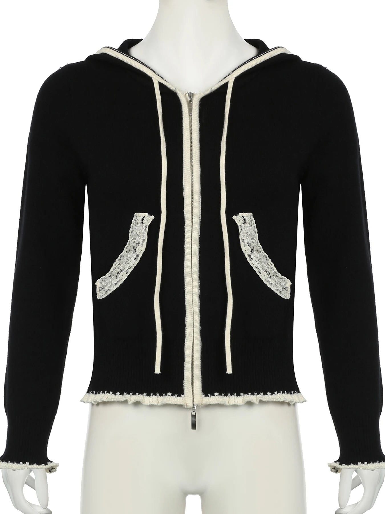 Lace Trim Pocket Patchwork Drawstring Hooded Slightly Thick Coat Y2k Zip Up Slim Sweater Autumn Winter Clothes