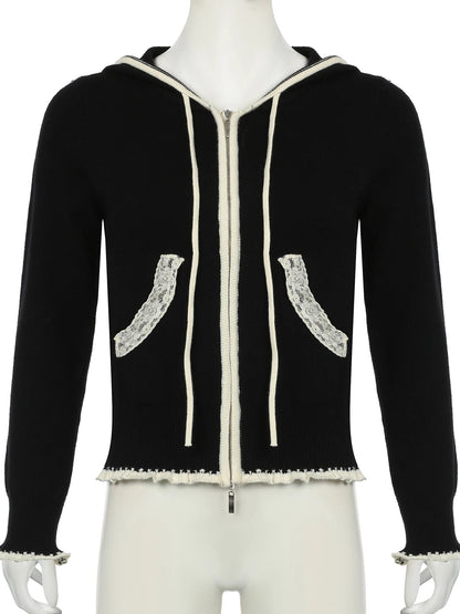 Lace Trim Pocket Patchwork Drawstring Hooded Slightly Thick Coat Y2k Zip Up Slim Sweater Autumn Winter Clothes
