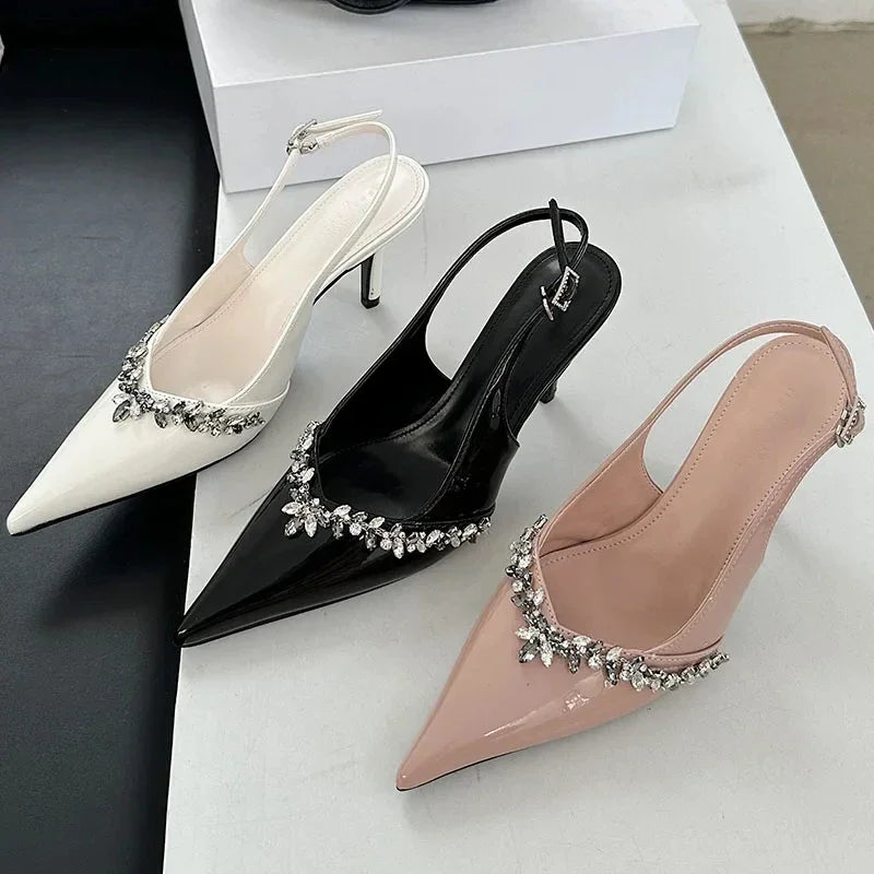 Crystal Pointed Toe High Heels Party Dress Shoes Brand Slingbacks Sandals Pumps