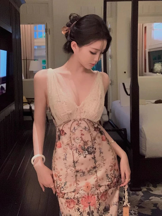 French Y2k Vneck Midi Dress Evening Party Dress Beach Style Retro One Piece Dress Korean