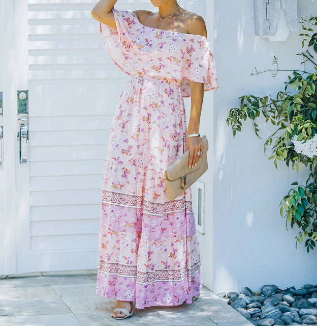 Flower Print Off Shoulder Long Dresses for Spring Summer New Temperament High Waist Leace-up Dress Female Vestidos