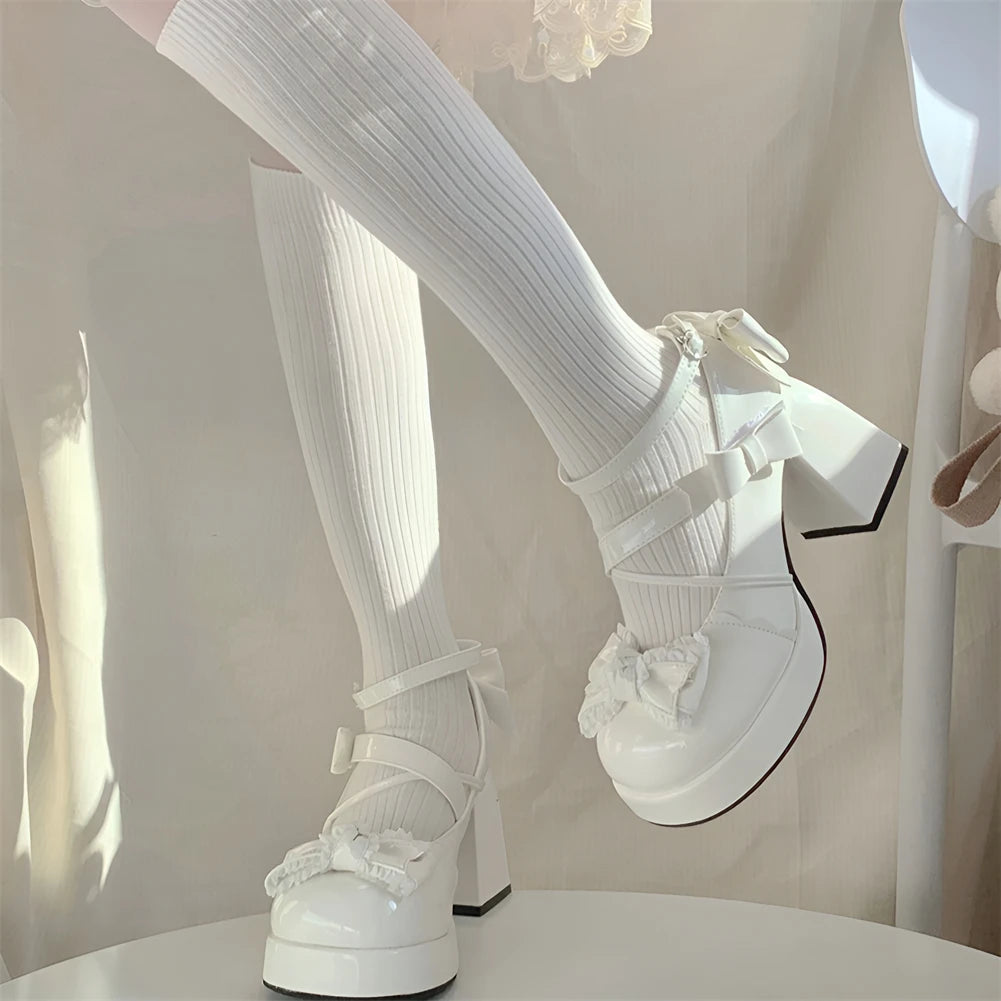 Lolita Bow Bow Decor Pumps Platform Chunky High Heels Ankle Strap Sweet Pumps for Girl Shoes