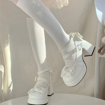 Lolita Bow Bow Decor Pumps Platform Chunky High Heels Ankle Strap Sweet Pumps for Girl Shoes