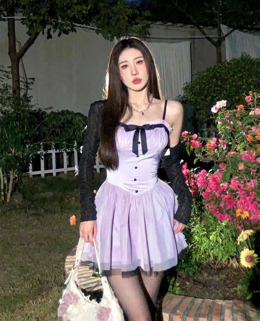 Hot Girl Y2k Longsleeved Cardigan Sleeveless Purple Strap Dress Twopiece Sets Summer New Preppy Style Sweet Dress Sets