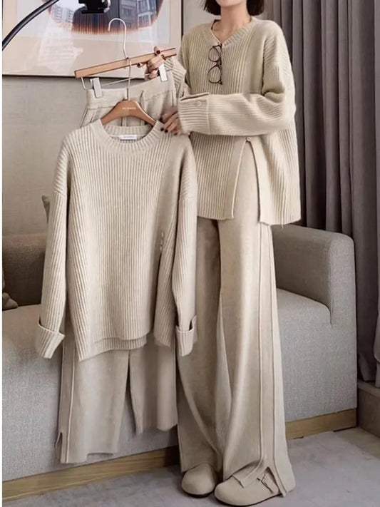 ’s Knitted 2-piece Set Tracksuit Autumn Winter O-neck Pullover Sweater Wide Leg Pants Harajuku Warm Suit New