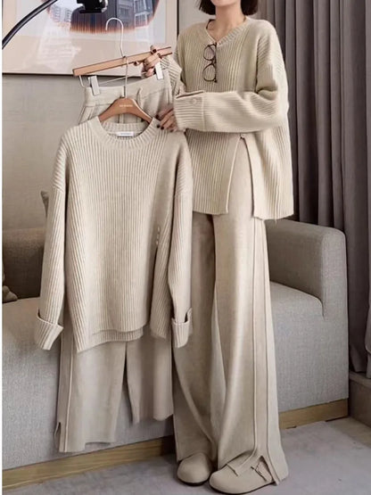’s Knitted 2-piece Set Tracksuit Autumn Winter O-neck Pullover Sweater Wide Leg Pants Harajuku Warm Suit New