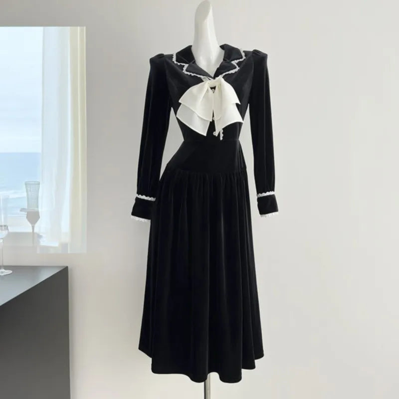 Lapel Midi Dresses for Bow Long Sleeve Birthday Party Dress A-line Autumn New Korean Vestido Mujer