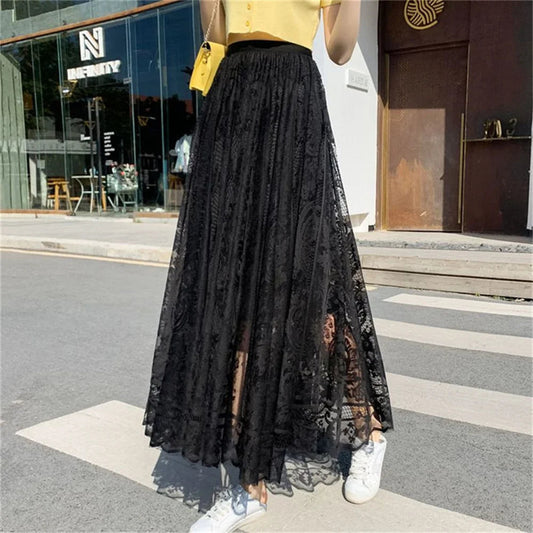 High Waist Hollow Out Female Maxi Skirts Spring Summer Lace Crochet Umbrella Long Skirts