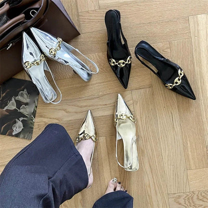 Metal Decoration Pointed Toe Pumps Thin Low Heels Sandals Dress Mules Shoes