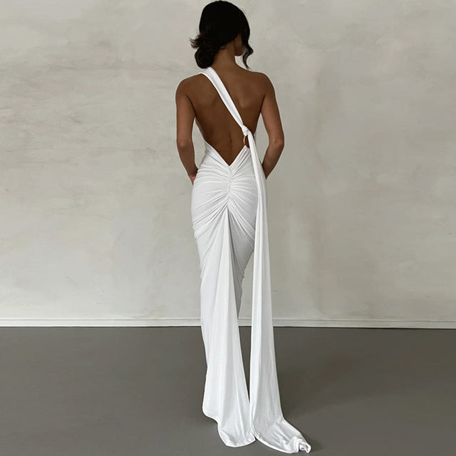 Oblique Shoulder Backless Maxi Dress for Gown Summer Back Strap Sleeveless Ruched Party Long Dress Vestidos