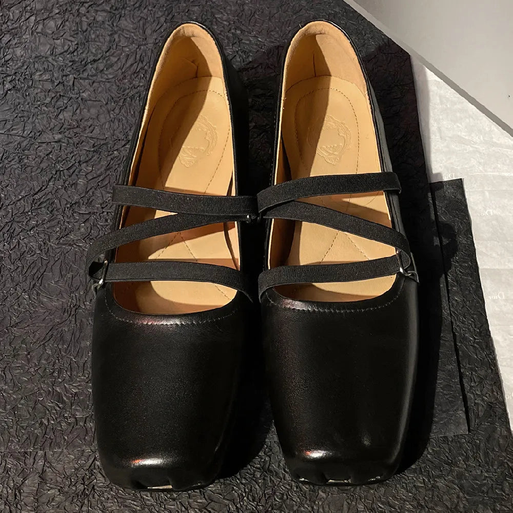 Womenn's Genuine Leather Square Toe Elastic Band Slipon Ballet Flats Cross Strap Female Slim Soft Comfortable Ballerians Shoes