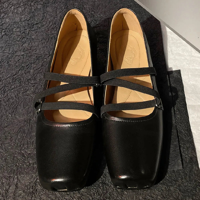 Womenn's Genuine Leather Square Toe Elastic Band Slipon Ballet Flats Cross Strap Female Slim Soft Comfortable Ballerians Shoes