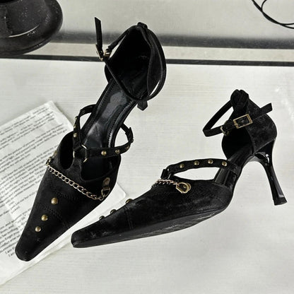 Retro Rivets Metal Chain High Heels Thin Heel Party Dress Shoes Office Shoes Pointed Toe Pump Sandals