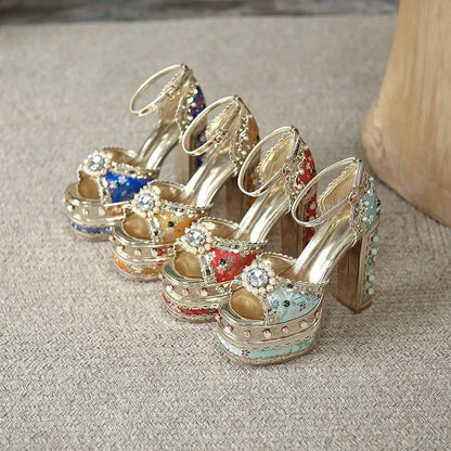 European and American Thick High Heels, Thick Soles, Pure Handmade Diamond Inlaid Sandals, Nightclub Runway Shoes