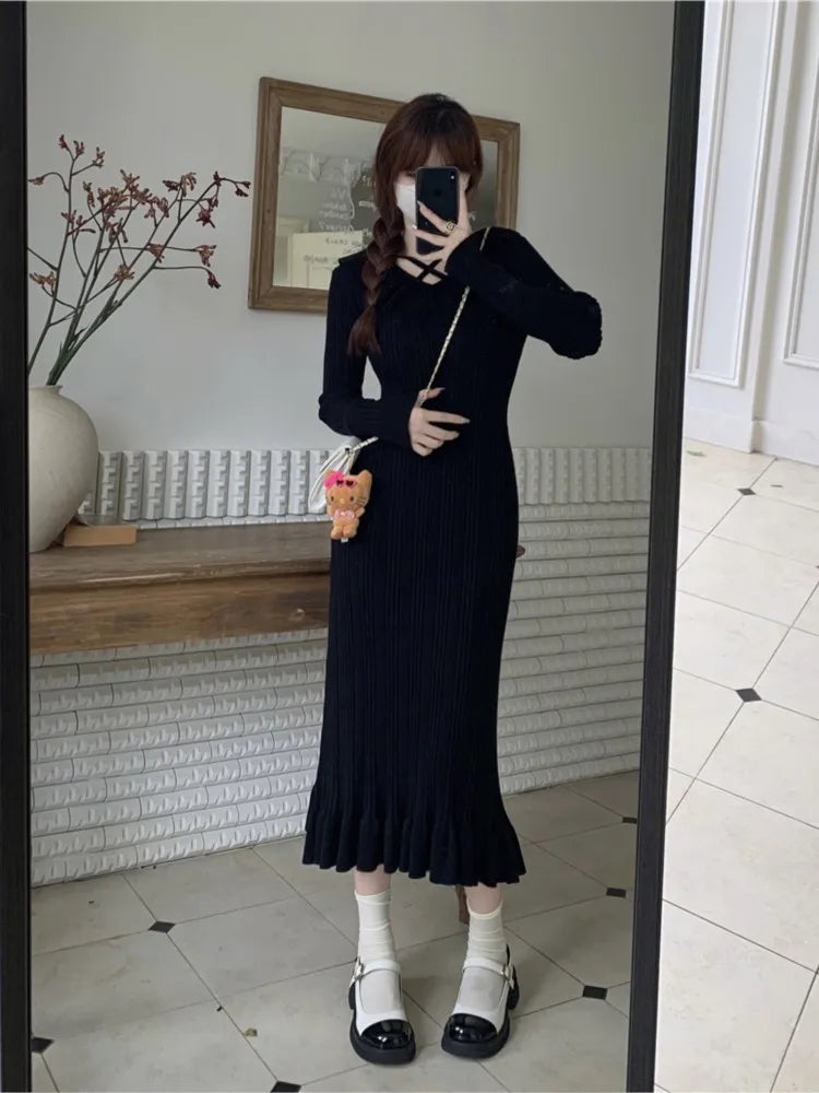 Autumn Knitted Dresses for Ruffles V-neck Bodycon Midi Dress Korean Vestidos Mujer New Knitwear
