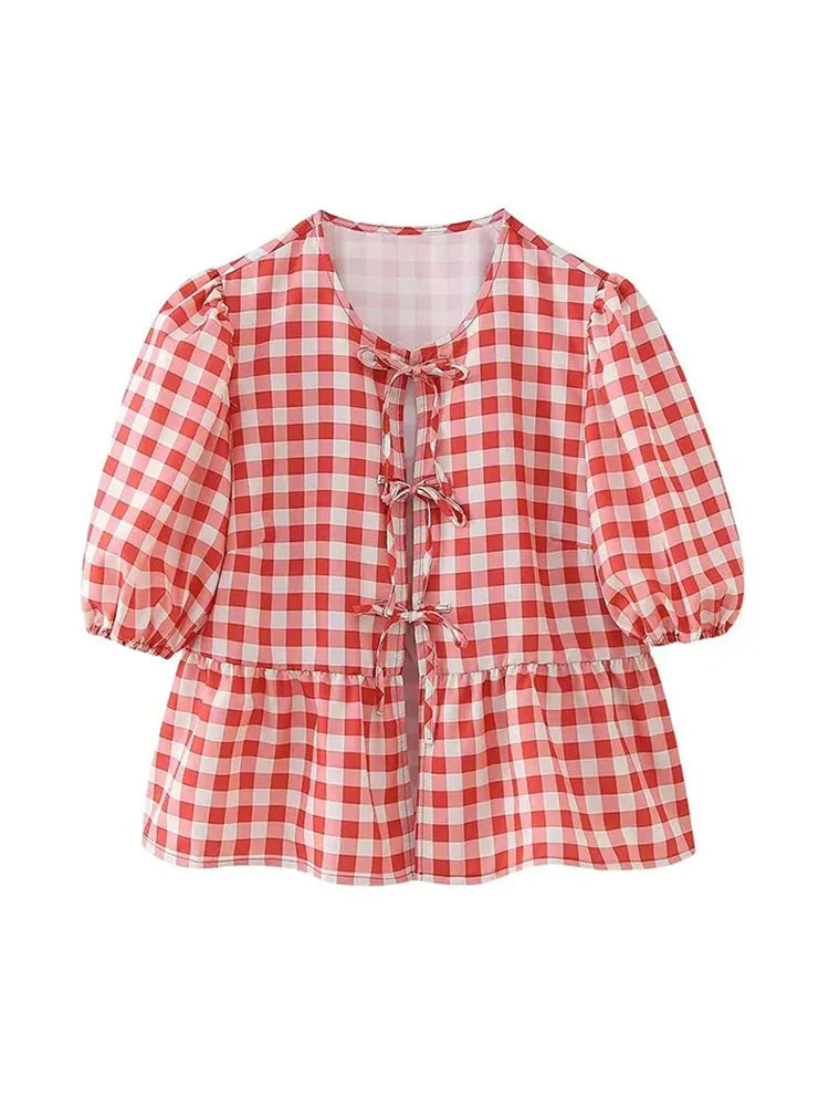 Summer Printed Cropped Shirts Top Puff Short Sleeves Round Neck Blouse Female Laceup Tshrit