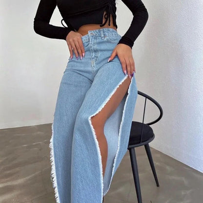 Split Straight Jeans Long Pant Fur Denim Trouser Female Street Clothing Summer New Jeans