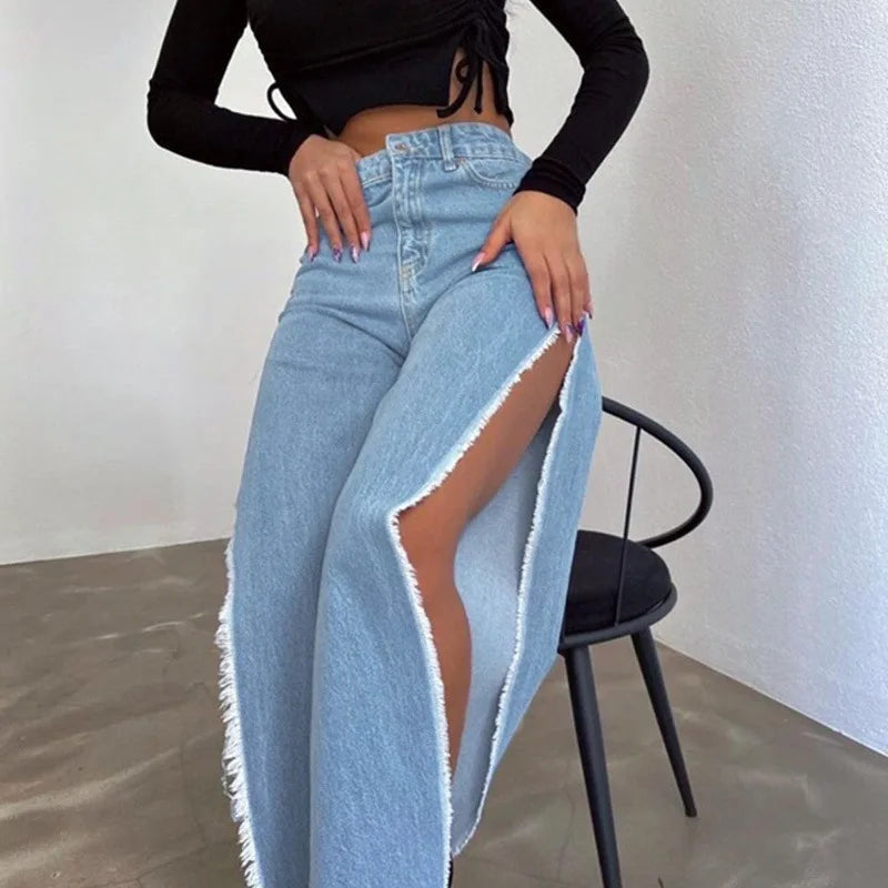 Split Straight Jeans Long Pant Fur Denim Trouser Female Street Clothing Summer New Jeans