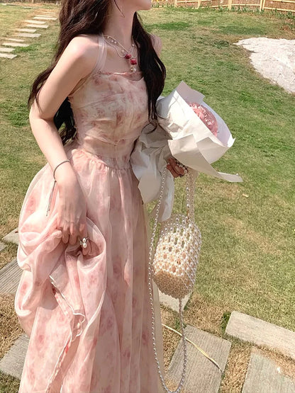 Halterneck Dress for Korean Pink Rose Chiffon Clothing New Summer Party Korean Long Dresses.