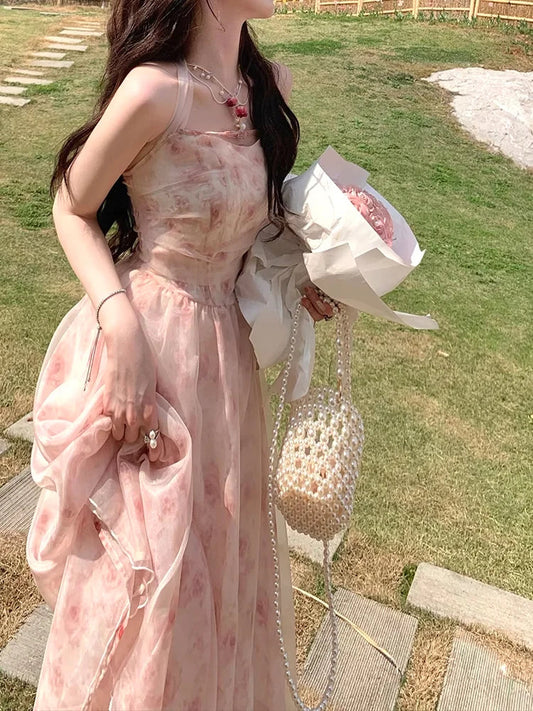 Halterneck Dress for Korean Pink Rose Chiffon Clothing New Summer Party Korean Long Dresses.